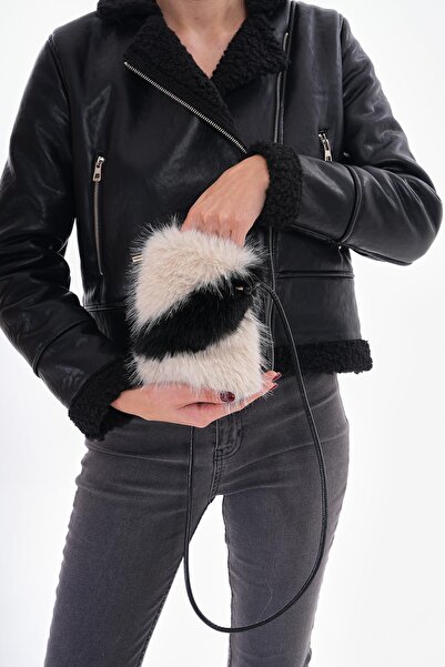 Axesoire NWC-009 Zebra Desenli Siyaha Bej Mini Peluş Çanta