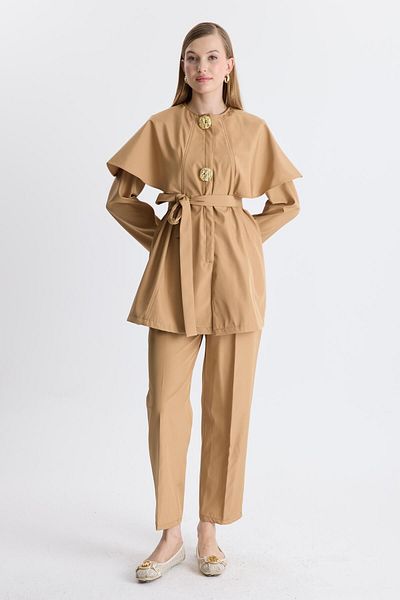 Ahel Tasarım Chanelle Camel Colored Cloak and Belt Set
