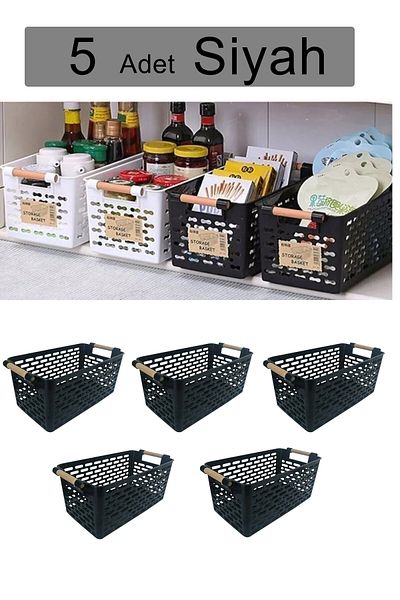 Livonelli 5 Black Organizer Baskets with Handles - Inner Cabinet and Refrigerator Organizer