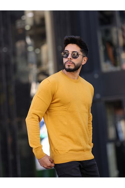 LEON ONE Men's Mustard Color Crew Neck Regular Fit Non-Pilling Knitwear Sweater