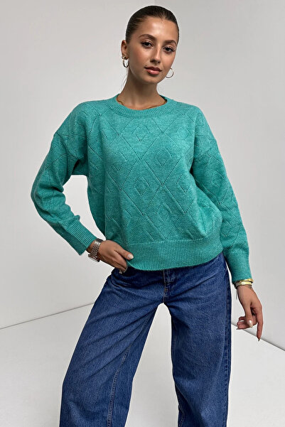 Fav Style Γυναικείο πλεκτό πουλόβερ σε χρώμα μέντας - Crew Neck, διάτρητο διαμαντένιο σχέδιο