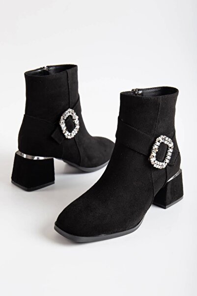 GULT Cizme de piele de căprioară neagră pentru vițel, cu vârf tăiat, de 6 cm