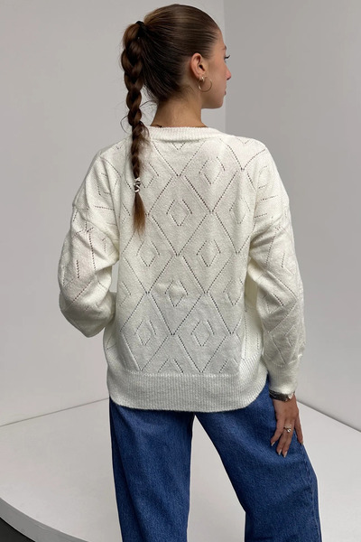 Fav Style Pulover de damă alb cu model diamantat ajurat - decolteu