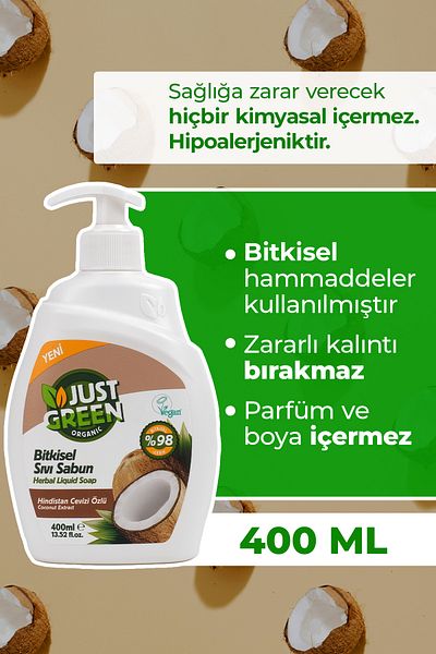 Just Green Organic 100% Natural Cleansing Soap with Coconut Extract - 400 ml