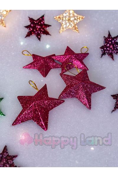 Happyland Christmas Pine Tree Ornament Set of 4 Pink Color Silvery Star Ornament 7 cm Christmas Star Ornament