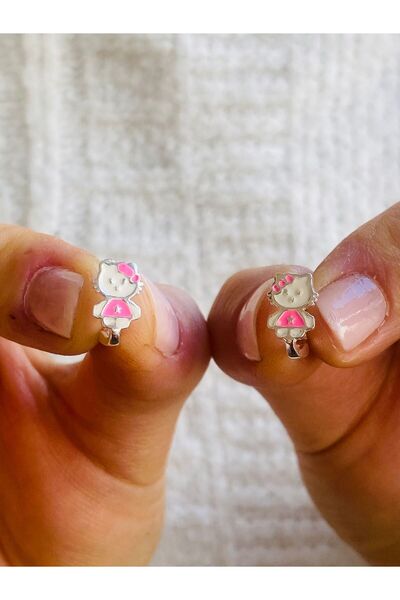 Rachel Silver 925 Ayar Gümüş Hello Kitty Pembe Renkli Mineli Çocuk Küpesi