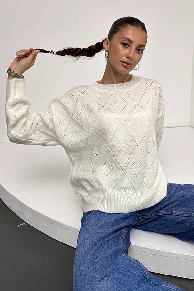 Fav Style Pulover de damă alb cu model diamantat ajurat - decolteu