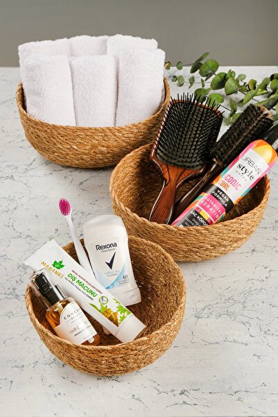 AVANTAGE HOME صوفيا - سلة مستديرة مصنوعة يدويًا من الخوص الطبيعي المزخرف مكونة من 3 قطع، وحامل المناشف، وسلة الخبز، ومنظم الحمام