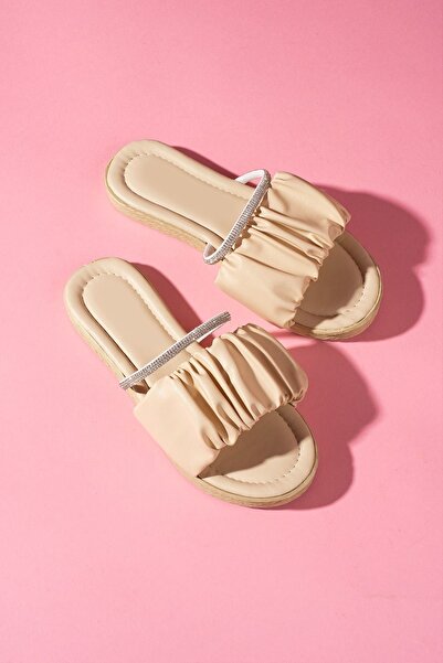 FUGA MODA High Sole Beige Stone Embroidered Belt Detailed Biyanca Slippers