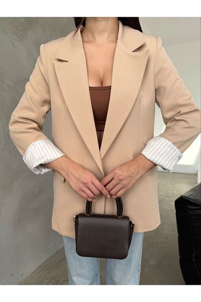 Moda İkra Γυναικείο μπουφάν με λιλά επένδυση - Ριγέ μανίκι και λεπτομέρεια διπλώματος