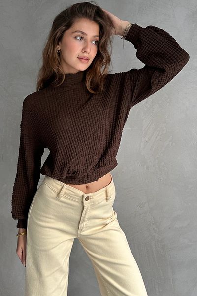 Fav Style Γυναικεία μπλούζα με γιακά με μανίκια με ανάγλυφη μπλούζα καφέ