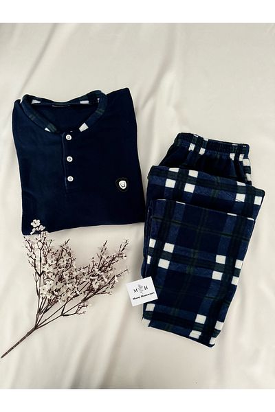 MH Moony Homewears Ανδρική πιτζάμες 2 τεμαχίων Navy Blue Fleece Dowry