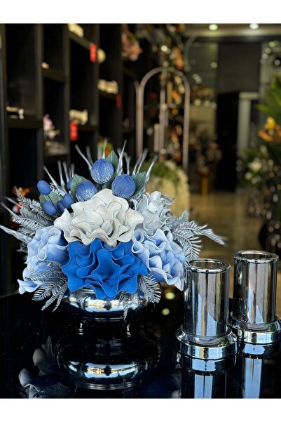 TASARIMHMODA Yapay Çiçekli Gümüş Yassı Vazo 3 Parça Set No:14