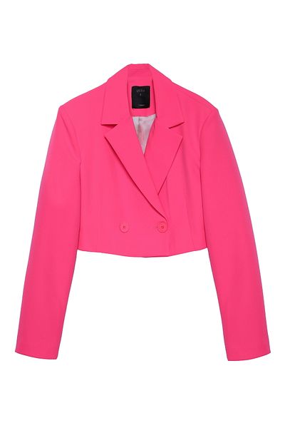 Quzu Neon Pink Double Breasted Crop Blazer Jacket Trendyol