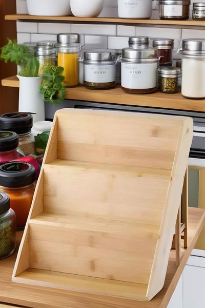 Open Home Concept 3-Tier Bamboo Folding Leg Spice Rack Stand In-Drawer Spice Rack Stand, Bamboo Organizer
