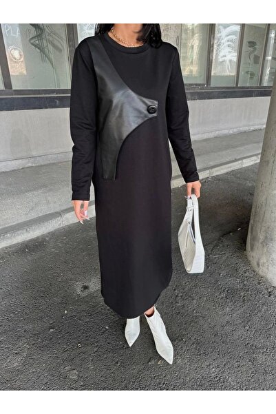 Selence Black Knitted Dress - Leather Detail