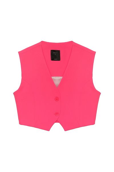 Quzu Button Detailed Short Vest Jacket Neon Pink