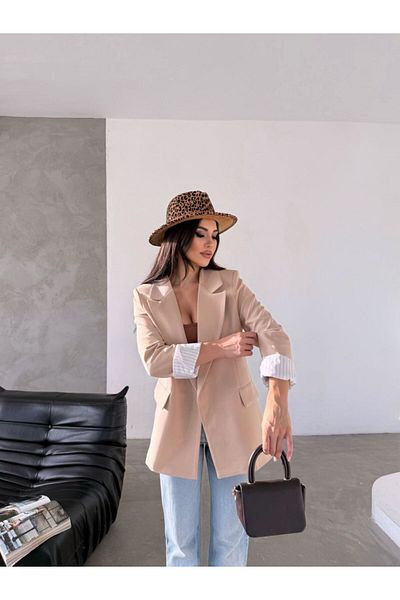 Moda İkra Γυναικείο μπουφάν με λιλά επένδυση - Ριγέ μανίκι και λεπτομέρεια διπλώματος