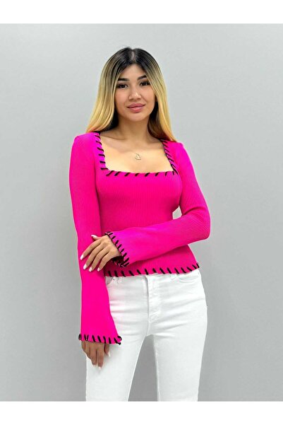 aytenli Kare Yaka Kol Etek Yaka Şeritli Uzun Kol Fitil Örgü Standart Beden Tr...