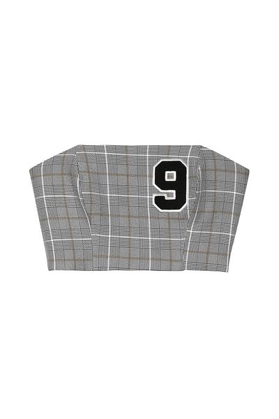 Quzu Gray Strapless Crop Blouse - Number Printed Checked