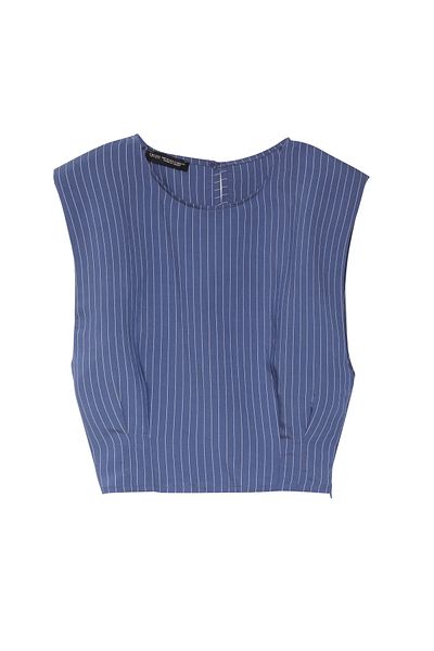 Quzu Navy Blue Padded Striped Blouse - Collar Detailed