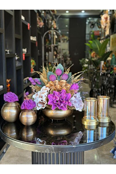 TASARIMHMODA Yapay Çiçekli Antik Yassı Vazo 5 Parça Set No:2