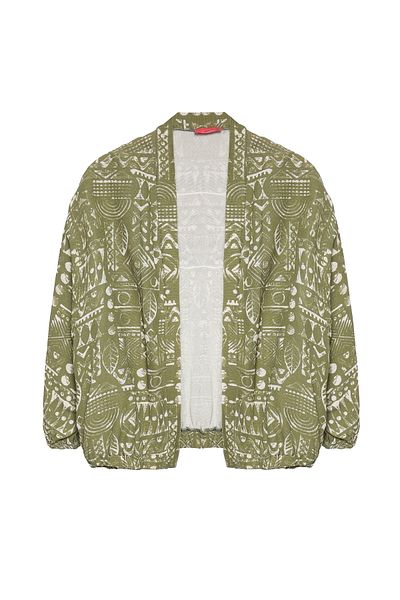 Quzu Khaki Kimono Jacket - Ethnic Patterned