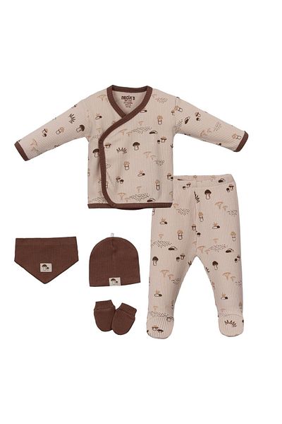Magu Baby Boy Mushroom Patterned Cotton 5 Piece Hospital Discharge Bodysuit Set