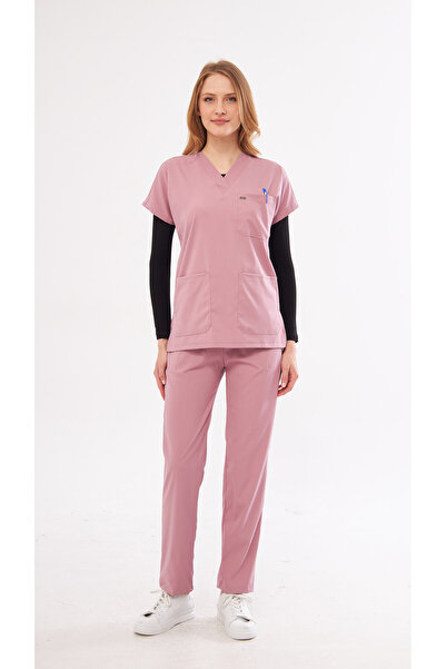TIPMOD Unisex Yarasa Kol Likralı Doktor / Hemşire Forması Pudra Pembesi/ Scrubs