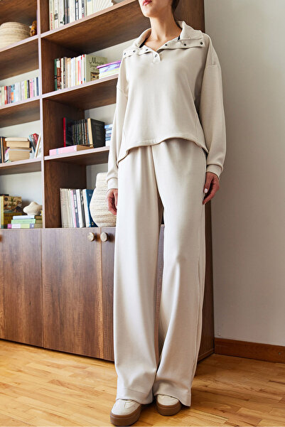 Bianco Lucci Women's Modal Fabric Collar Snap Fastener Top and Bottom Set 60351111