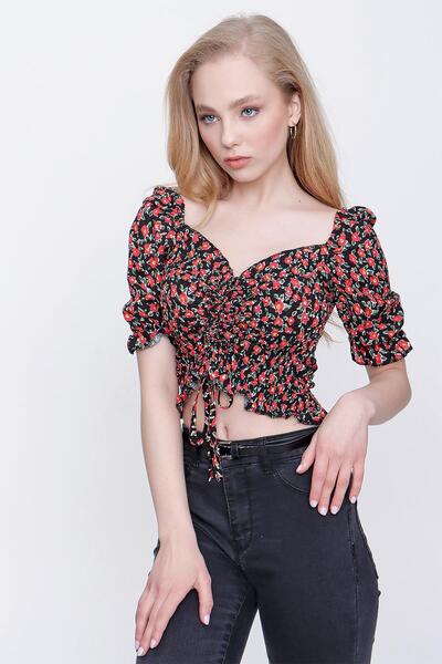 TENA Women's Pattern-3 Elastic Front Gathered Crop Blouse