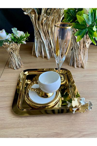atabey home collection صينية ذهبية مكونة من قطعتين - صينية القهوة والشاي والعرض، صب الفراشة