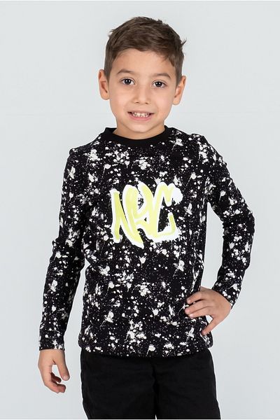 Kyron Hanorac cu mânecă lungă imprimat NYC pentru băieți, 100% bumbac - negru, cu model alb, stil casual