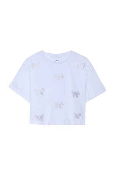 Quzu Tricou Detaliat Accesoriu Panglică Piatră Alb