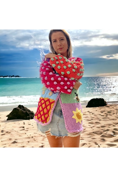 Flux Design Factory El Örgüsü Kadife Patcwork Hırka