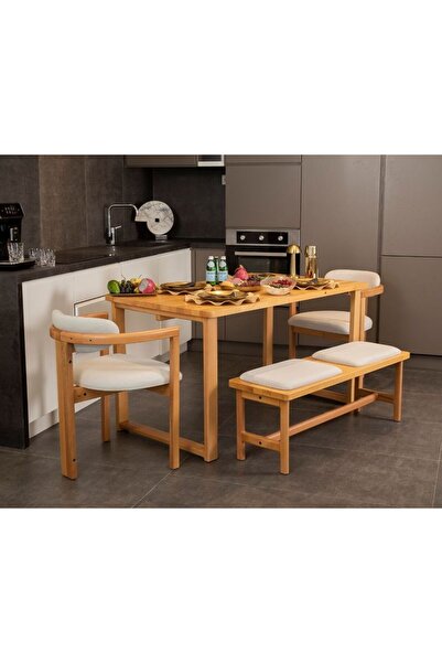 AVOKADO MOBİLYA Cheri Meşe Iskelet 2 Sandalye 1 Bench 1 Masa Salon Mutfak Mas...