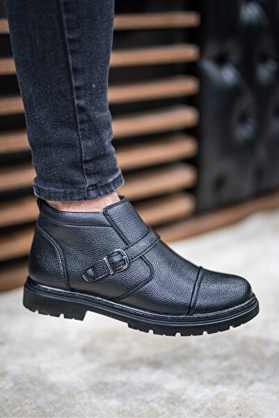 BİKAJOO Erkek Siyah Tokalı Deri Günlük Rahat Ortopedik Bot BKJ1060