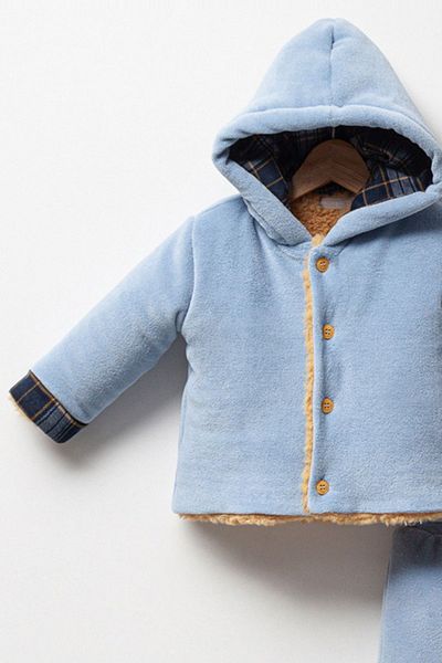 Cassiope Plaid Patterned Hooded Buttoned Fleece Inside Top and Bottom Winter Baby Boy Set