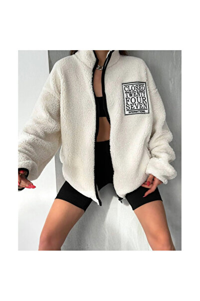 AYSAMOOD Unisex Oversıze Nakışlı Cepli Pelüş Ceket