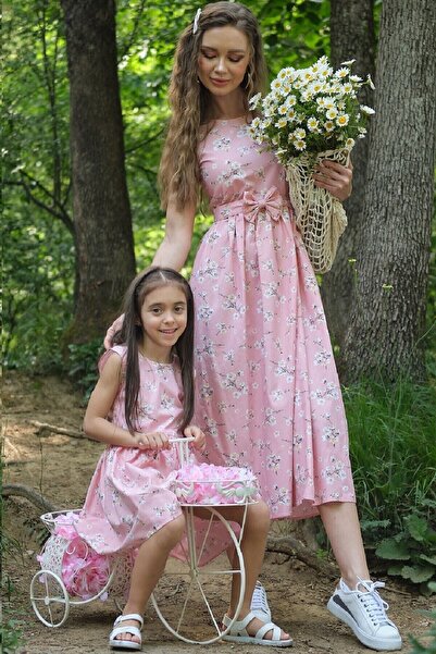 KÜÇÜĞÜM BUTİK Bahar Dalı Pudra Rengi Kolsuz Belden Büzgülü Anne Kız Kombini (TEKLİ SATILMAKTADIR.)