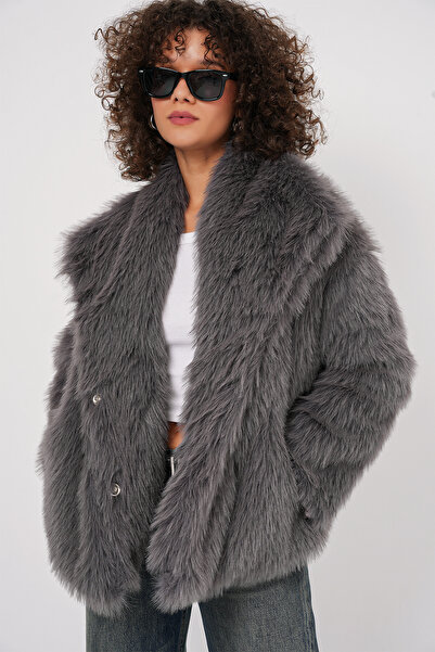 Bigdart 5192 Double Breasted Plush Fur Coat - Anthracite