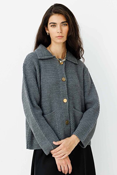 Hooopstore Shirt Collar Buttoned Anthracite Cardigan