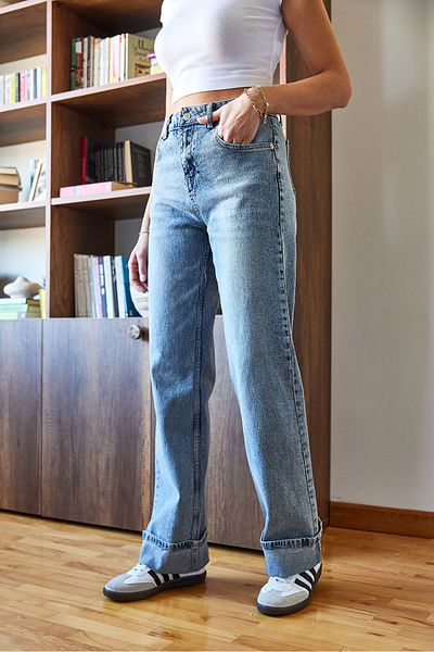 Bianco Lucci Pantaloni de damă Palazzo din denim cu picioare pliate 5225