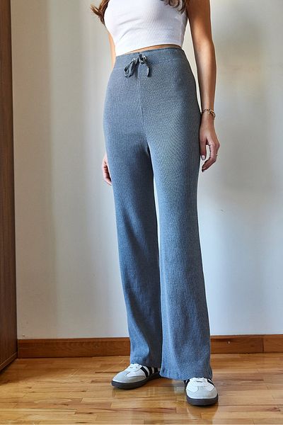 Bianco Lucci Gerippte Damenhose mit weitem Bein und Bindegürtel 60251888