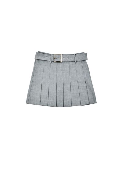 Quzu Light Gray Pleated Mini Skirt - Belt Detail