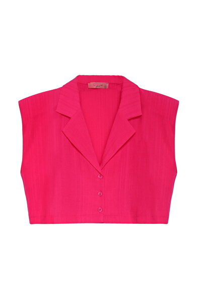 Quzu Vatka Detaylı Düğmeli Crop Gömlek Fuşya