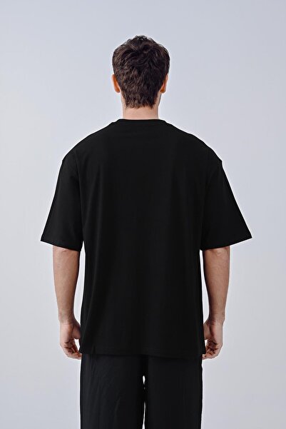 Dembu Saat Tasarım Siyah Pamuk Bisiklet Yaka Oversize T-shirt 23'