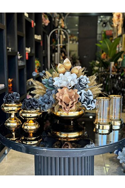 TASARIMHMODA Yapay Çiçekli Gold Yassı Vazo 5 Parça Set No:7