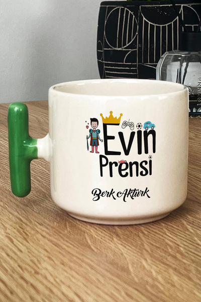 Hedizu Kişiye Özel Evin Prensi Kupa Bardak T Kulplu Yeşil Erkek Çocuğa Hediye