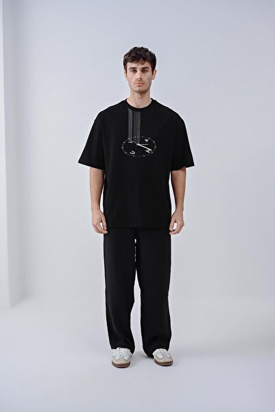 Dembu Saat Tasarım Siyah Pamuk Bisiklet Yaka Oversize T-shirt 23'